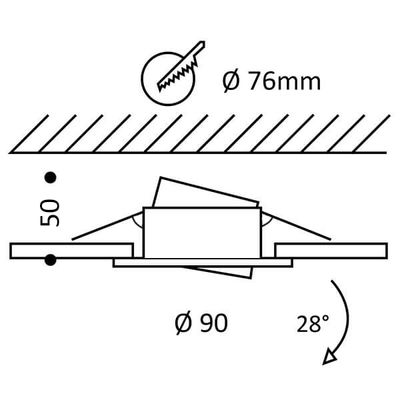 Upotetun pyöreän LED-valon tekninen piirustus: mitat 76mm, 90mm, 50mm, 28 asteen kulmassa. Ihanteellinen tarkkaan asennukseen.