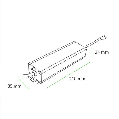 Suorakulmaisen LED-ohjaimen viivapiirros, 210 mm x 35 mm x 24 mm, kaapelit toisessa päässä. Täydellinen kompakteihin valaistusratkaisuihin.