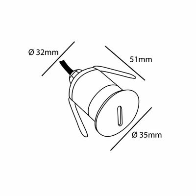 Kuva lieriömäisestä LED-putkivalosta, jossa on siipimäiset evät, ja näyttää mitat: halkaisija 32 mm, jatke 35 mm ja pituus 51 mm.
